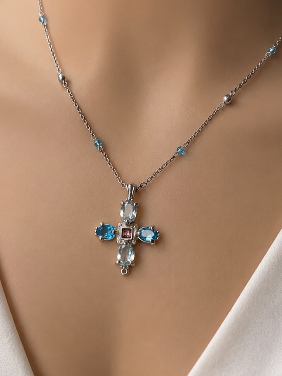 Swarovski Jewelry - Swarovski Crystal Cross Necklace Sterling Silver Blue Crystal & Pink Accent Swan